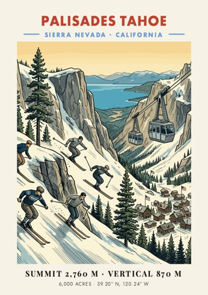 Poster of Palisades Tahoe featuring skiers on snowy slopes with a cable car above.