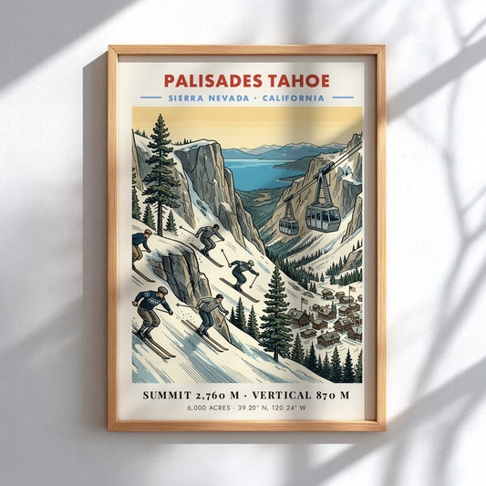Poster of Palisades Tahoe featuring skiers on snowy slopes with a cable car above.