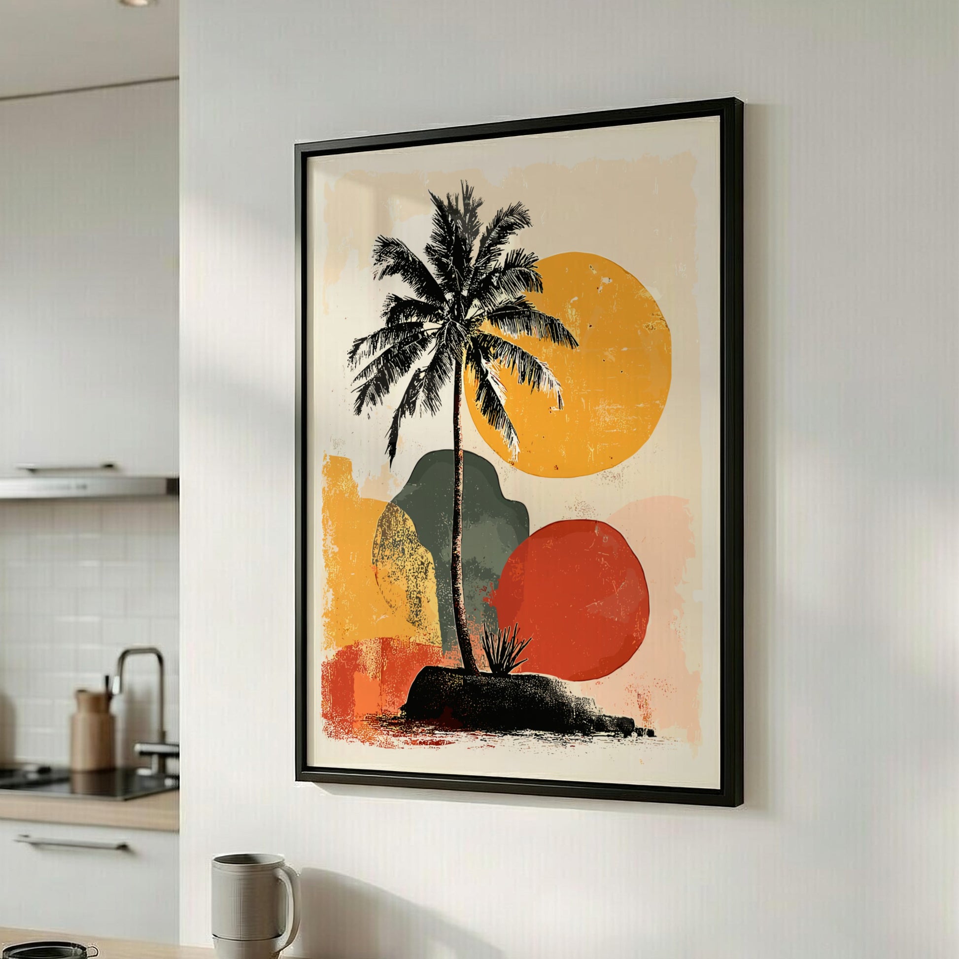 Framed abstract art print with palm tree and colorful circles in a kitchen setting