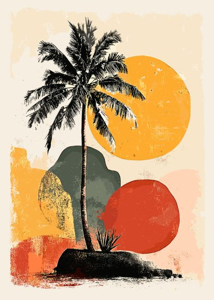 Palm tree with abstract shapes and colors on a beige background