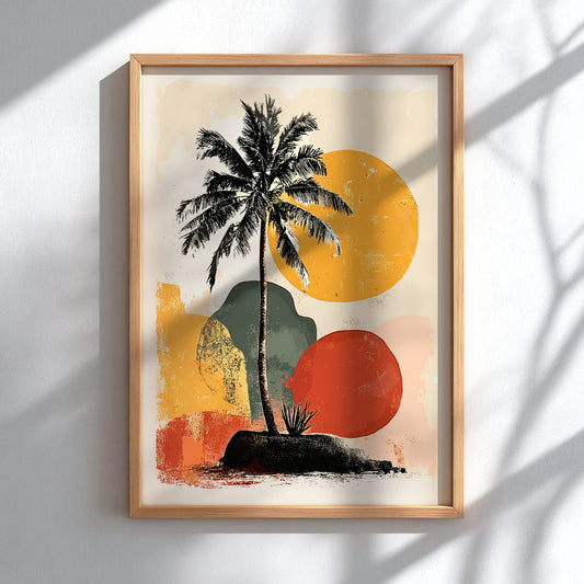 Framed artwork with a palm tree and abstract shapes on a white wall.