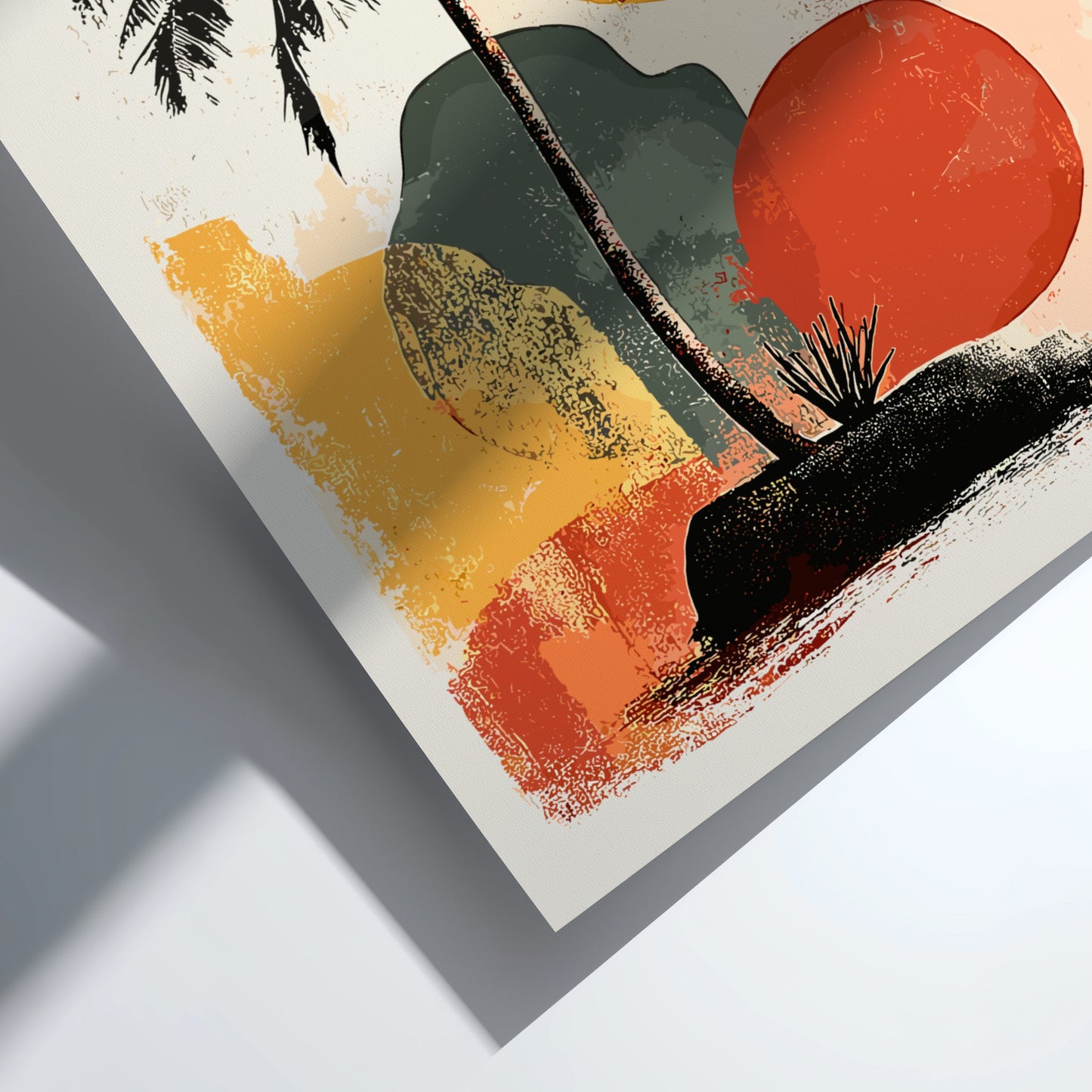 Abstract art print with a red sun, yellow and orange brush strokes, and black trees on a white background.
