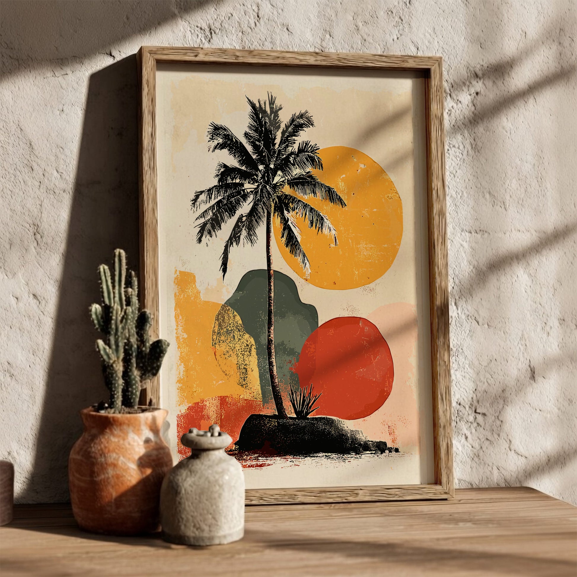 Framed artwork with a palm tree and abstract shapes on a textured wall.
