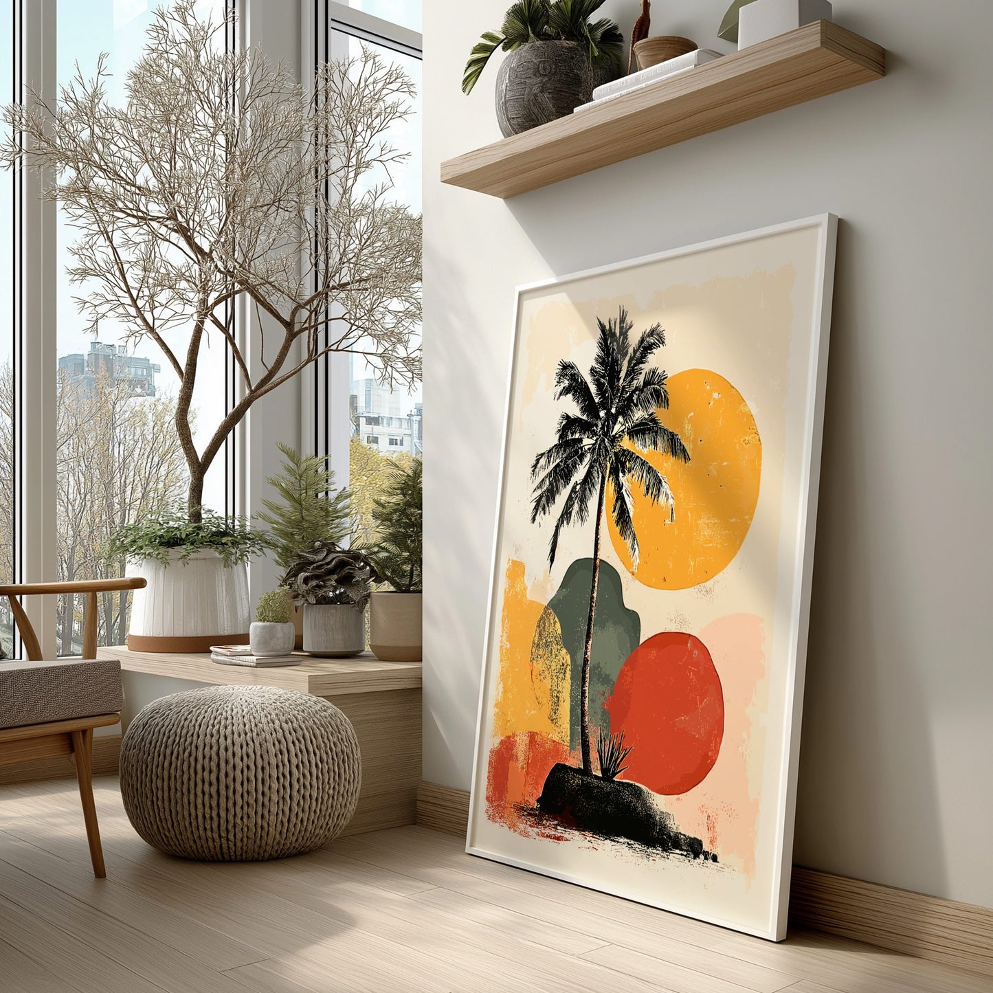 Framed artwork of a palm tree and abstract shapes in a modern living room.