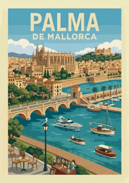 Vintage travel poster of Palma de Mallorca featuring La Seu Cathedral, boats, and harbor.