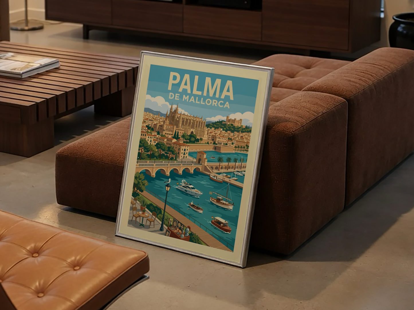 Vintage travel poster of Palma de Mallorca featuring La Seu Cathedral, boats, and harbor.