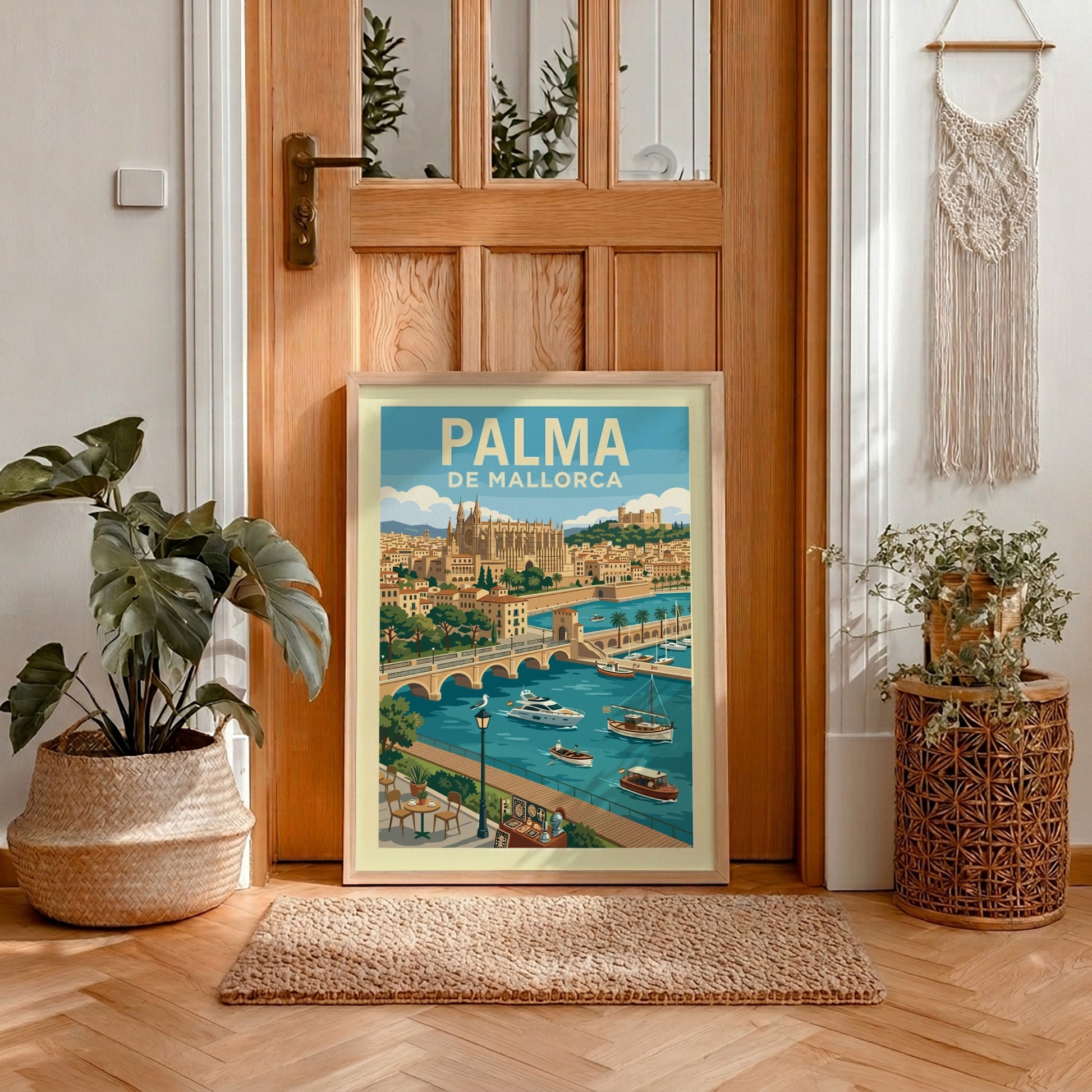 Vintage travel poster of Palma de Mallorca featuring La Seu Cathedral, boats, and harbor.