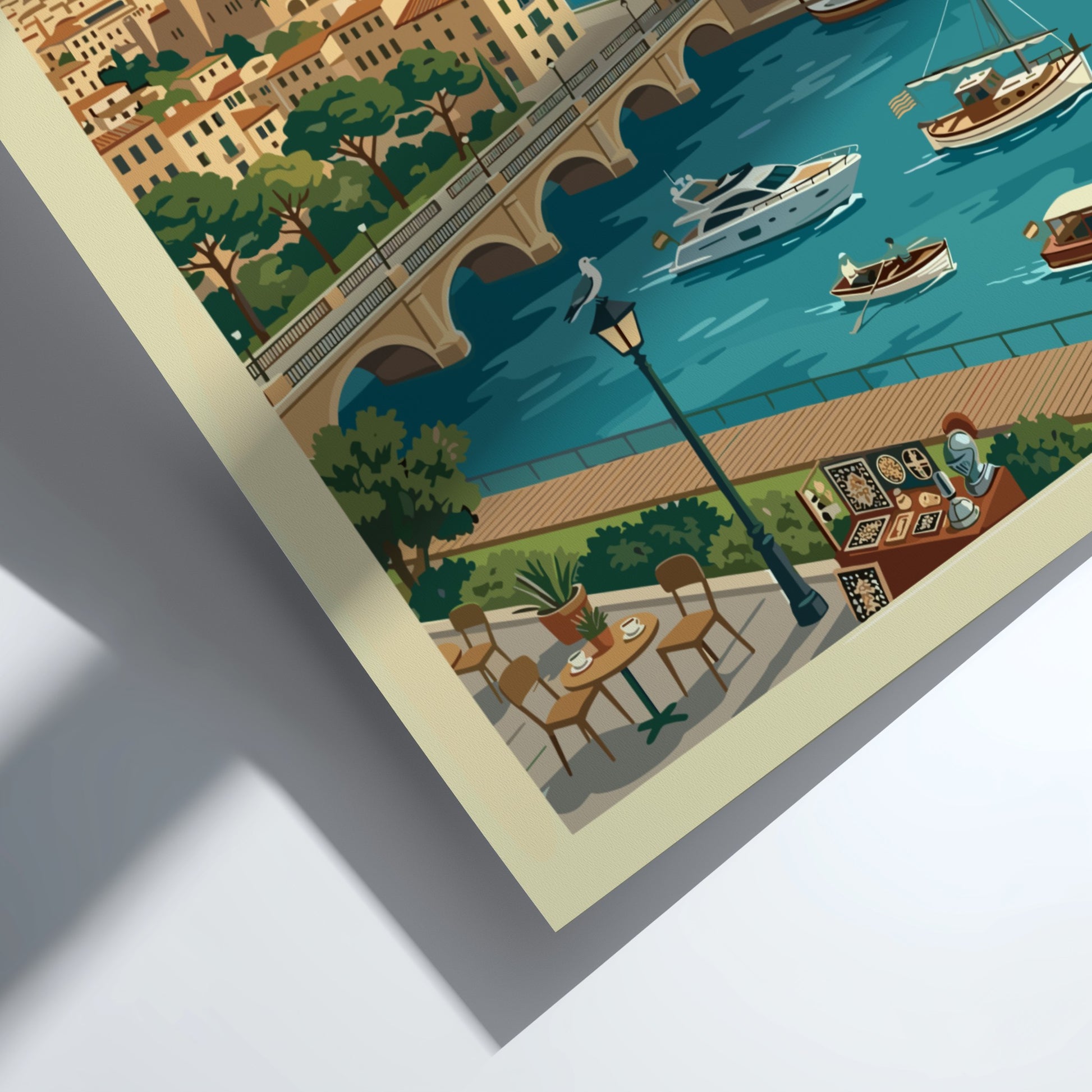 Vintage travel poster of Palma de Mallorca featuring La Seu Cathedral, boats, and harbor.