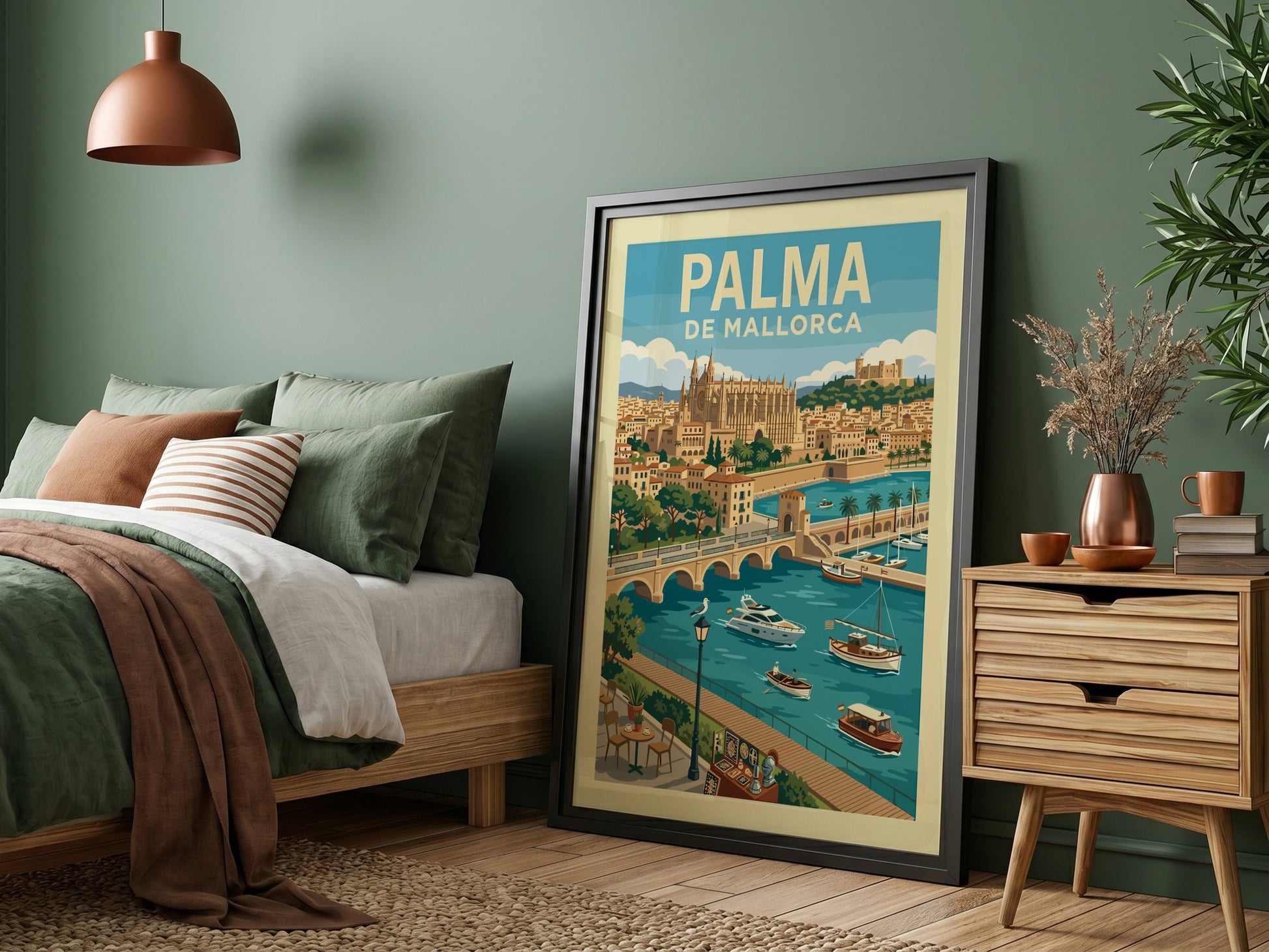 Vintage travel poster of Palma de Mallorca featuring La Seu Cathedral, boats, and harbor.