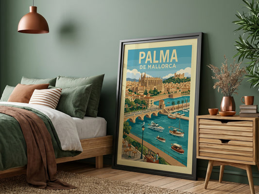 Vintage travel poster of Palma de Mallorca featuring La Seu Cathedral, boats, and harbor.