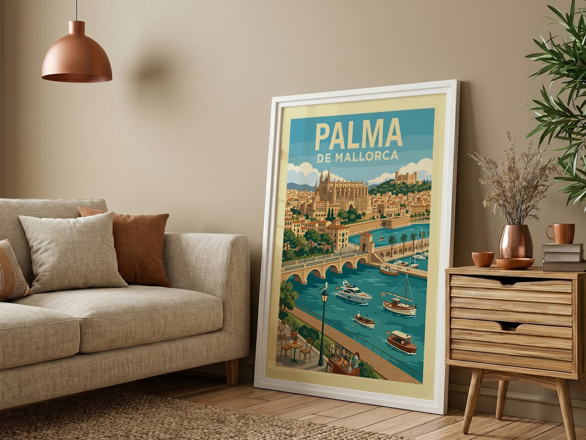 Vintage travel poster of Palma de Mallorca featuring La Seu Cathedral, boats, and harbor.