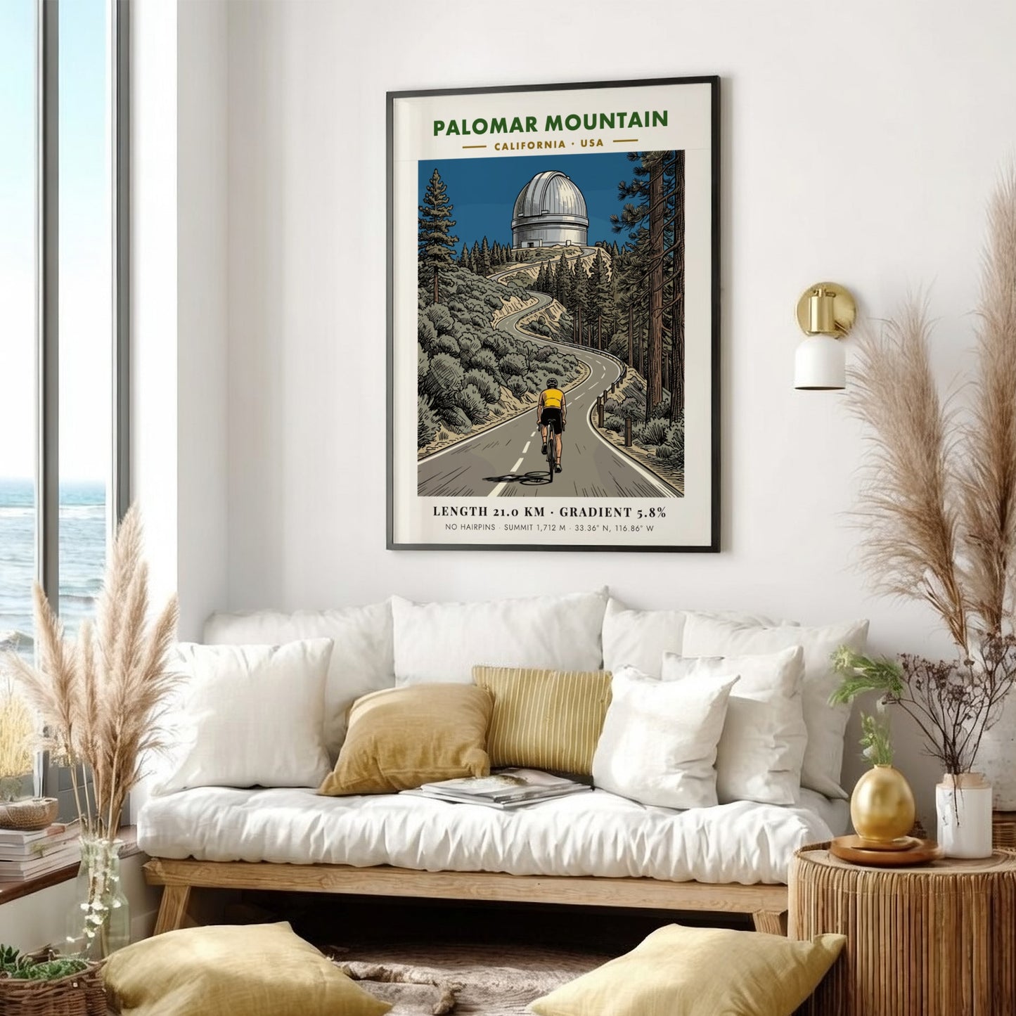 Cycling poster of Palomar Mountain featuring a rider climbing toward the iconic observatory
