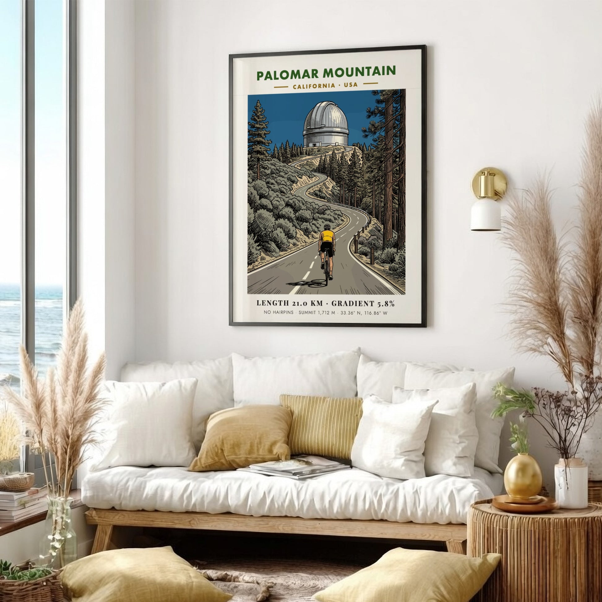 Cycling poster of Palomar Mountain featuring a rider climbing toward the iconic observatory