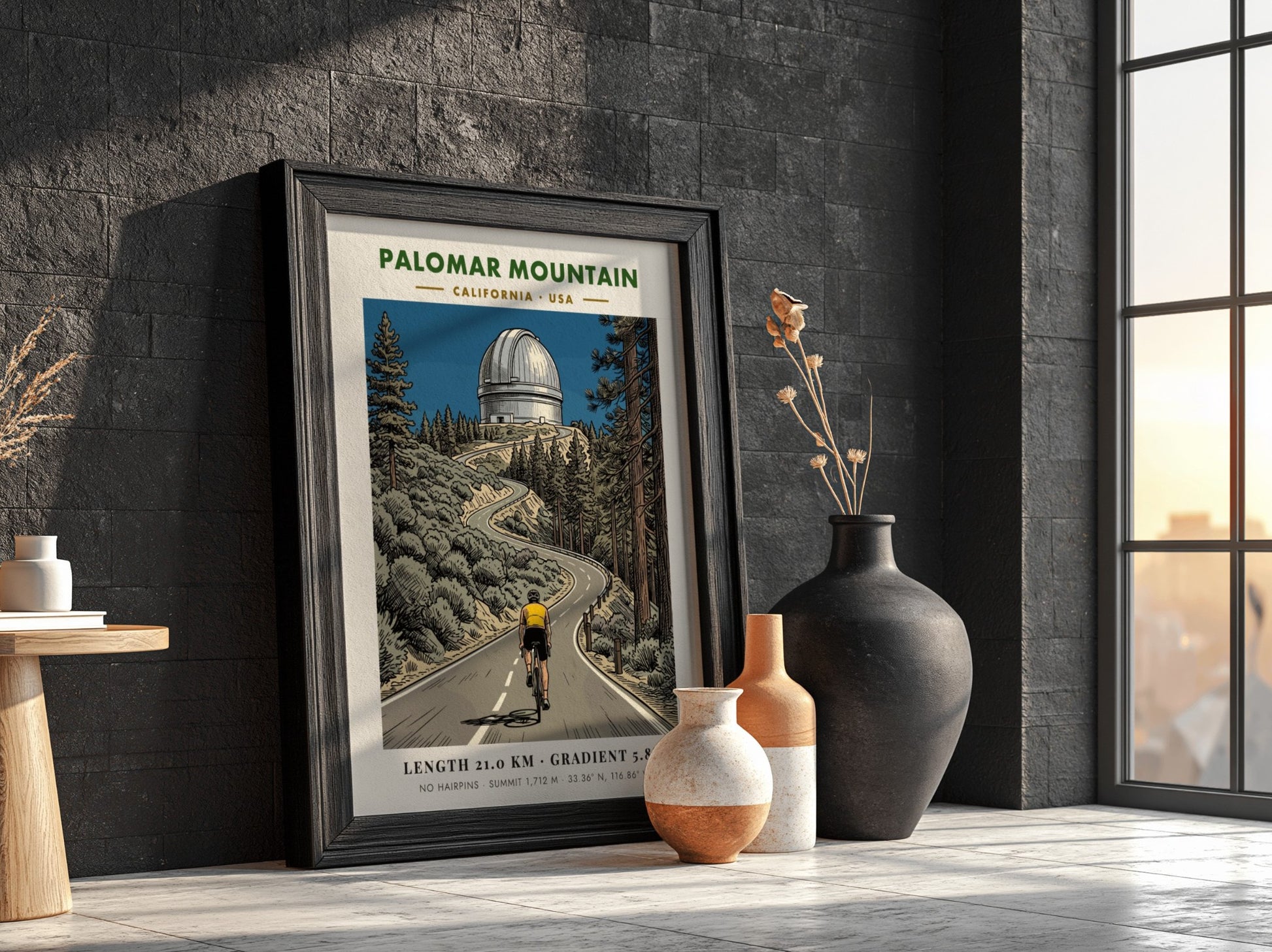 Cycling poster of Palomar Mountain featuring a rider climbing toward the iconic observatory
