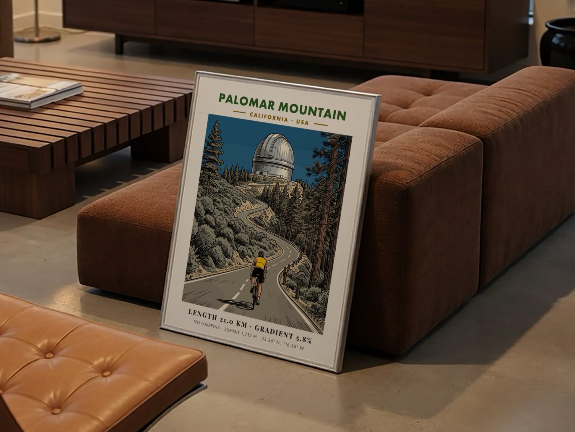 Cycling poster of Palomar Mountain featuring a rider climbing toward the iconic observatory