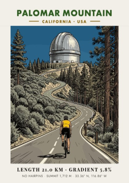 Cycling poster of Palomar Mountain featuring a rider climbing toward the iconic observatory