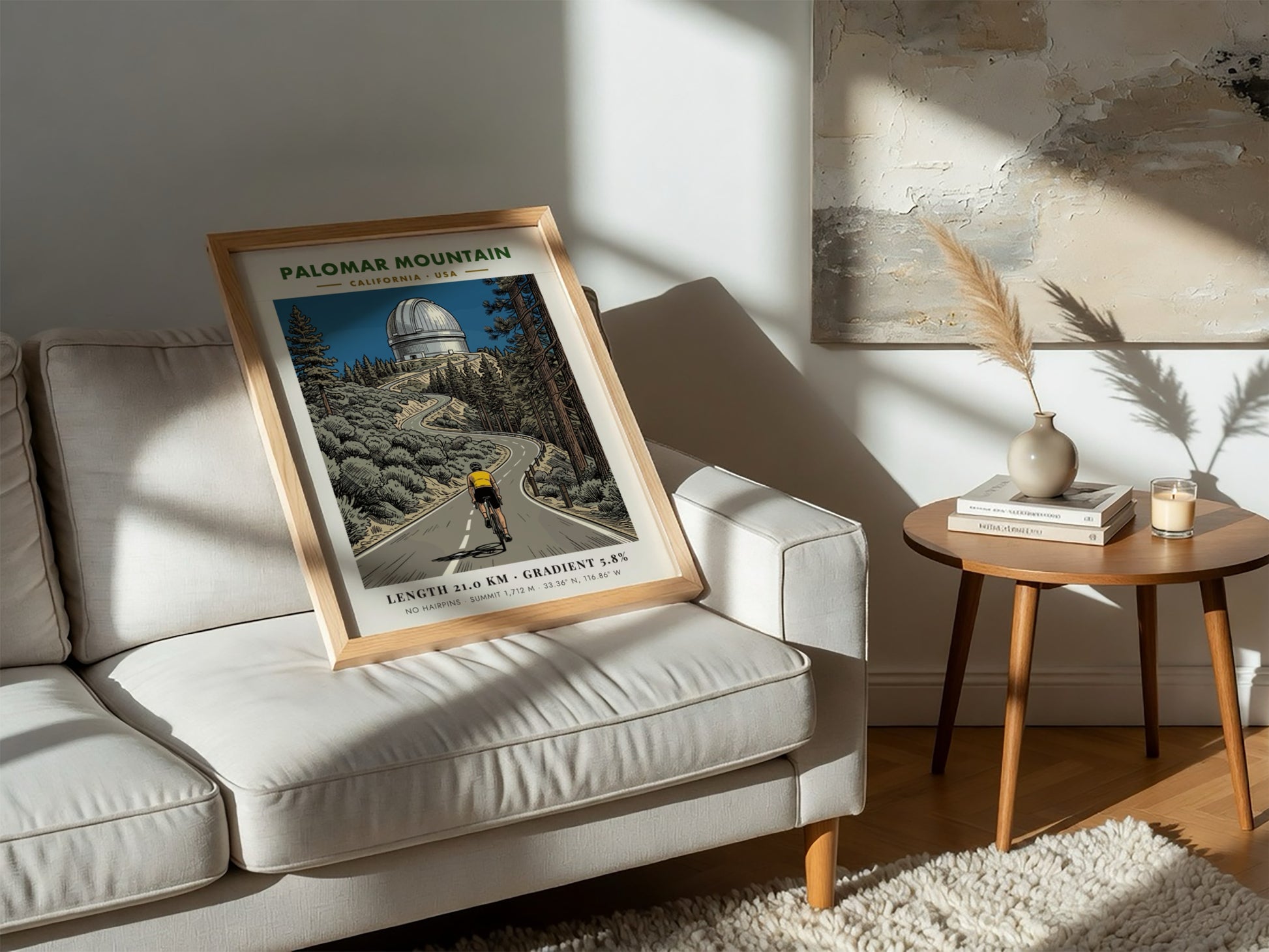 Cycling poster of Palomar Mountain featuring a rider climbing toward the iconic observatory