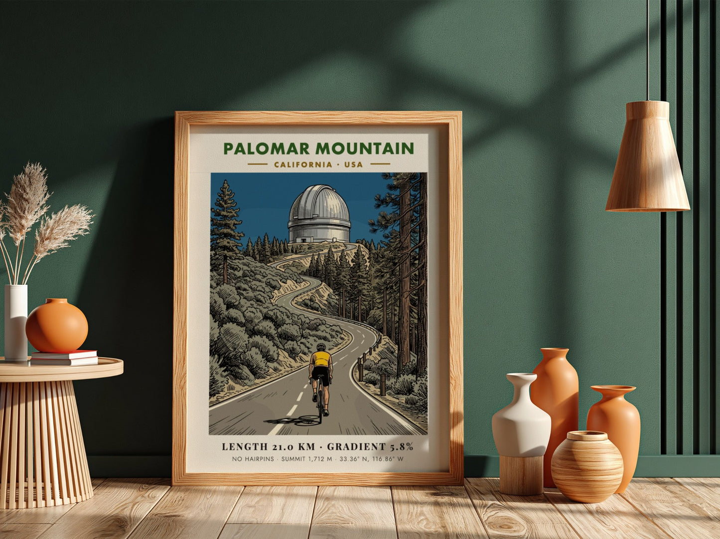 Cycling poster of Palomar Mountain featuring a rider climbing toward the iconic observatory