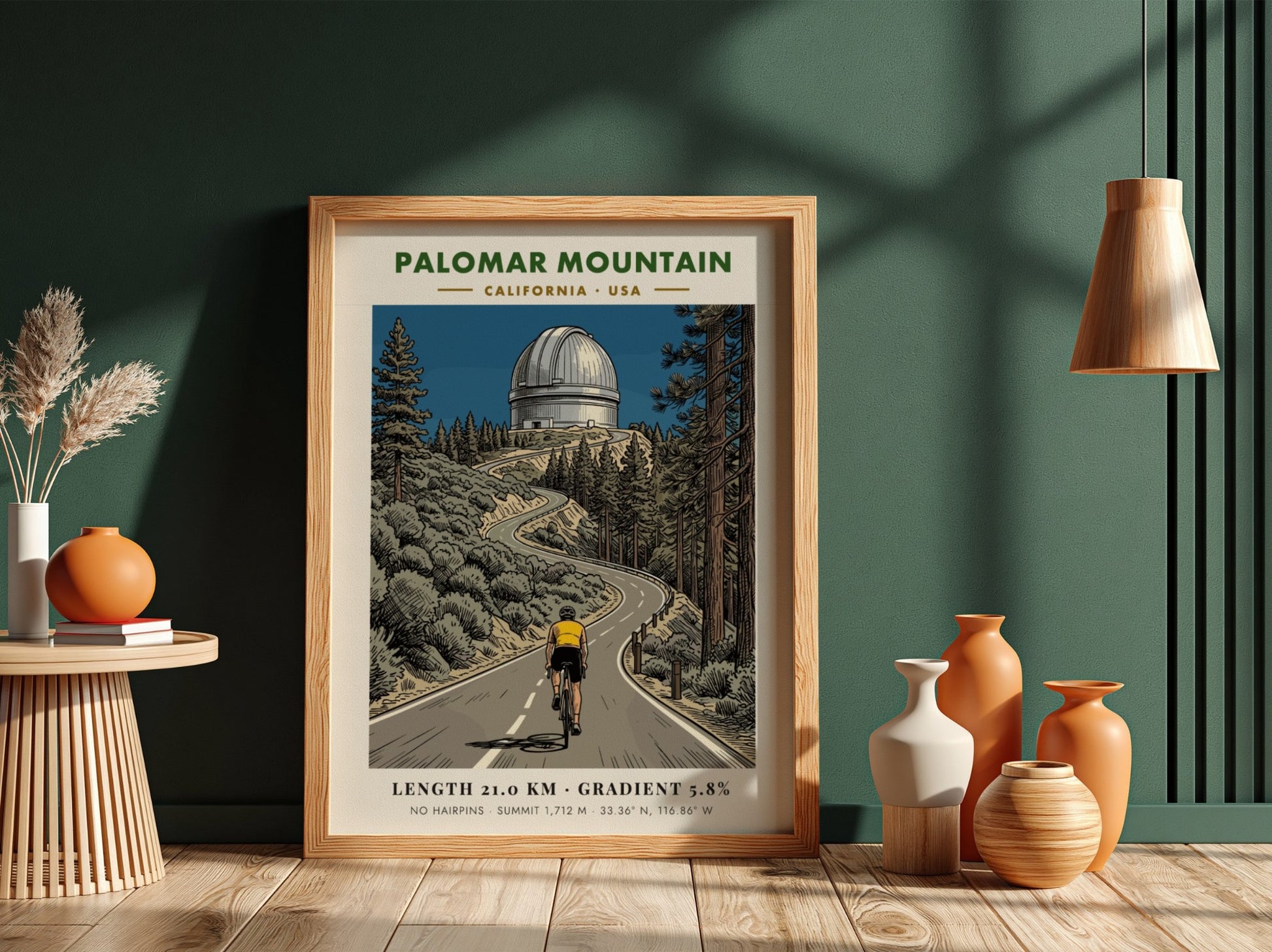Cycling poster of Palomar Mountain featuring a rider climbing toward the iconic observatory