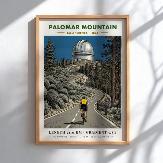 Cycling poster of Palomar Mountain featuring a rider climbing toward the iconic observatory