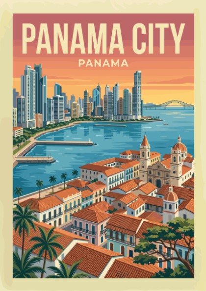 Vintage Panama City travel poster featuring skyline and colonial buildings, warm sunset colors.