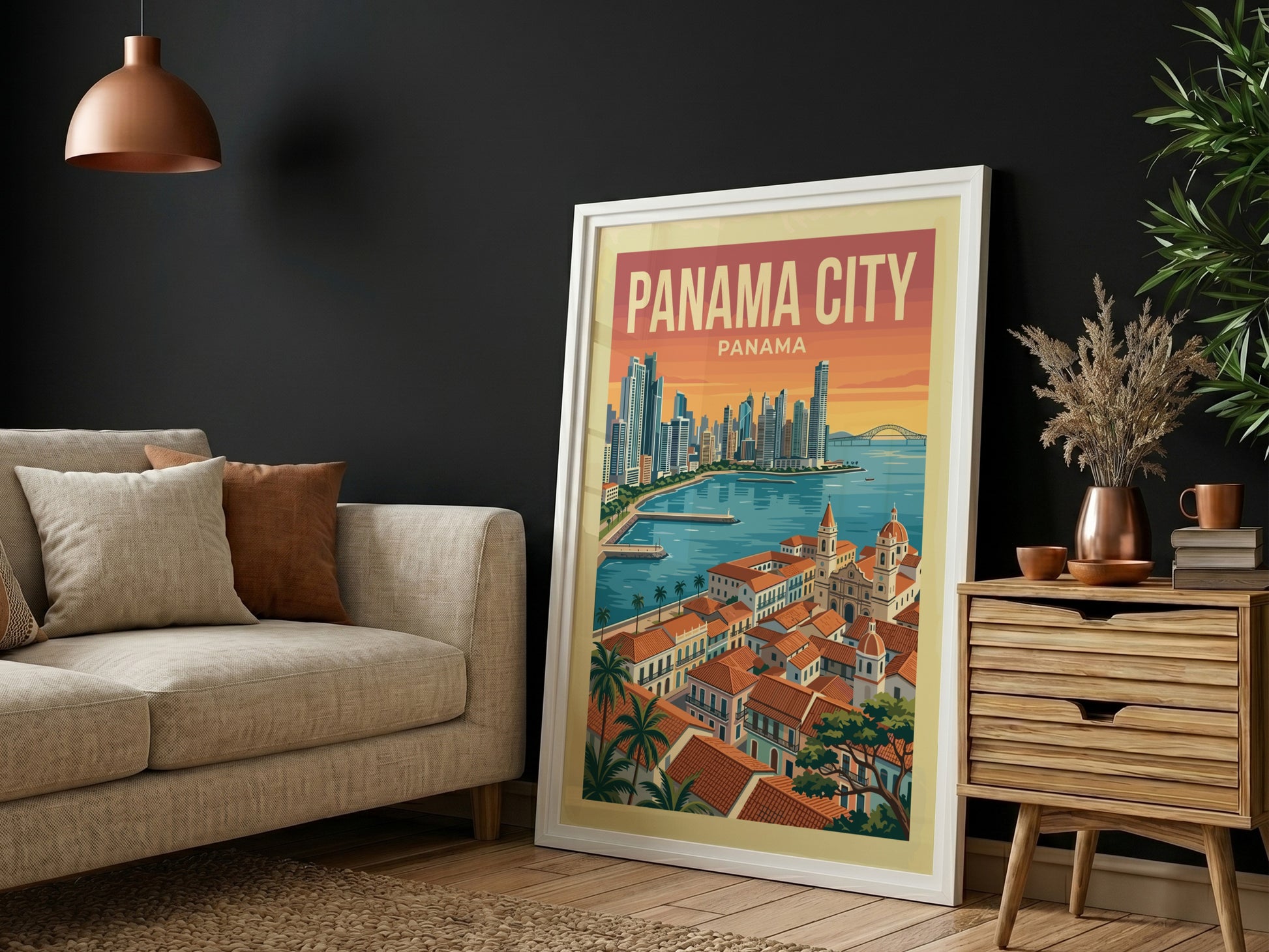 Vintage Panama City travel poster featuring skyline and colonial buildings, warm sunset colors.