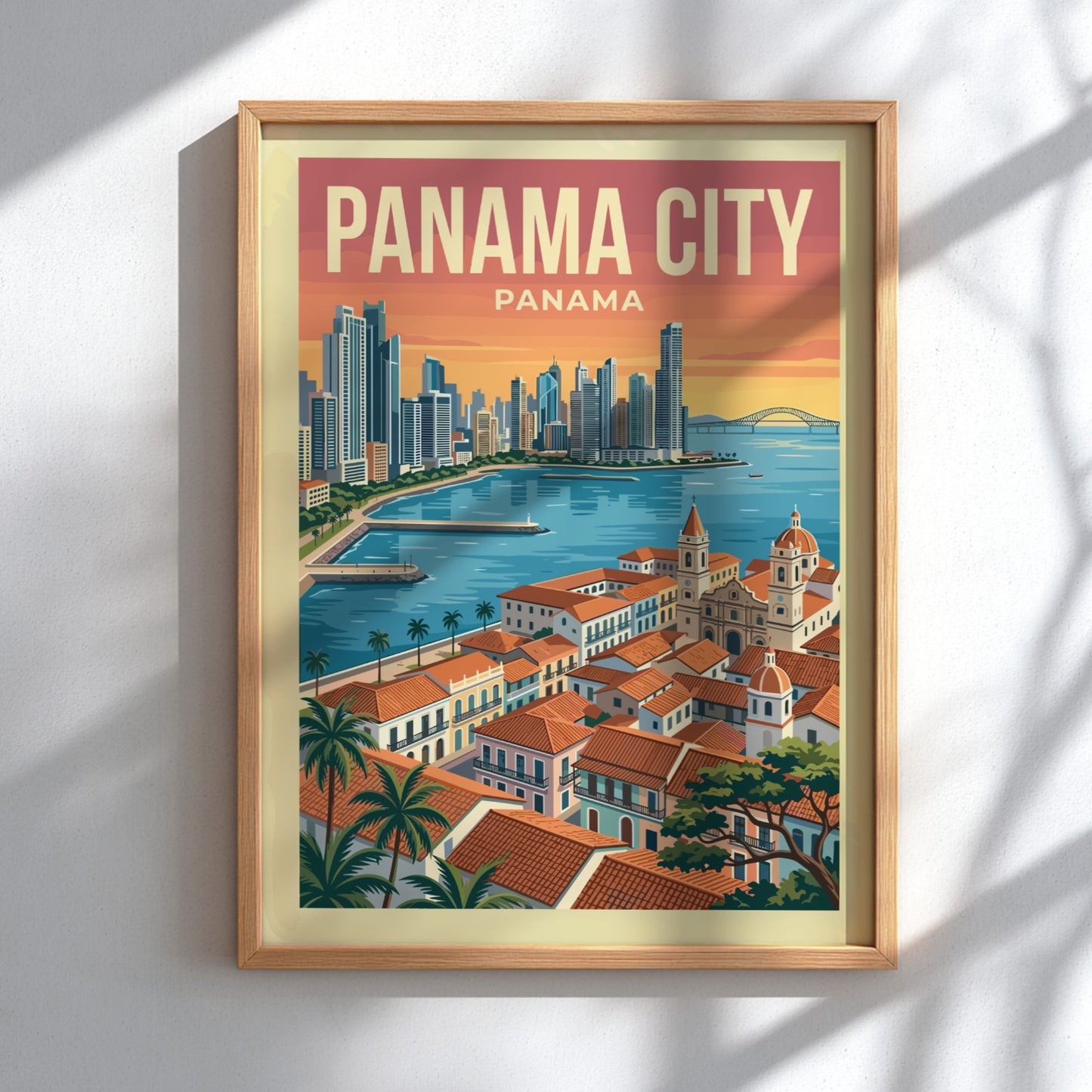 Vintage Panama City travel poster featuring skyline and colonial buildings, warm sunset colors.