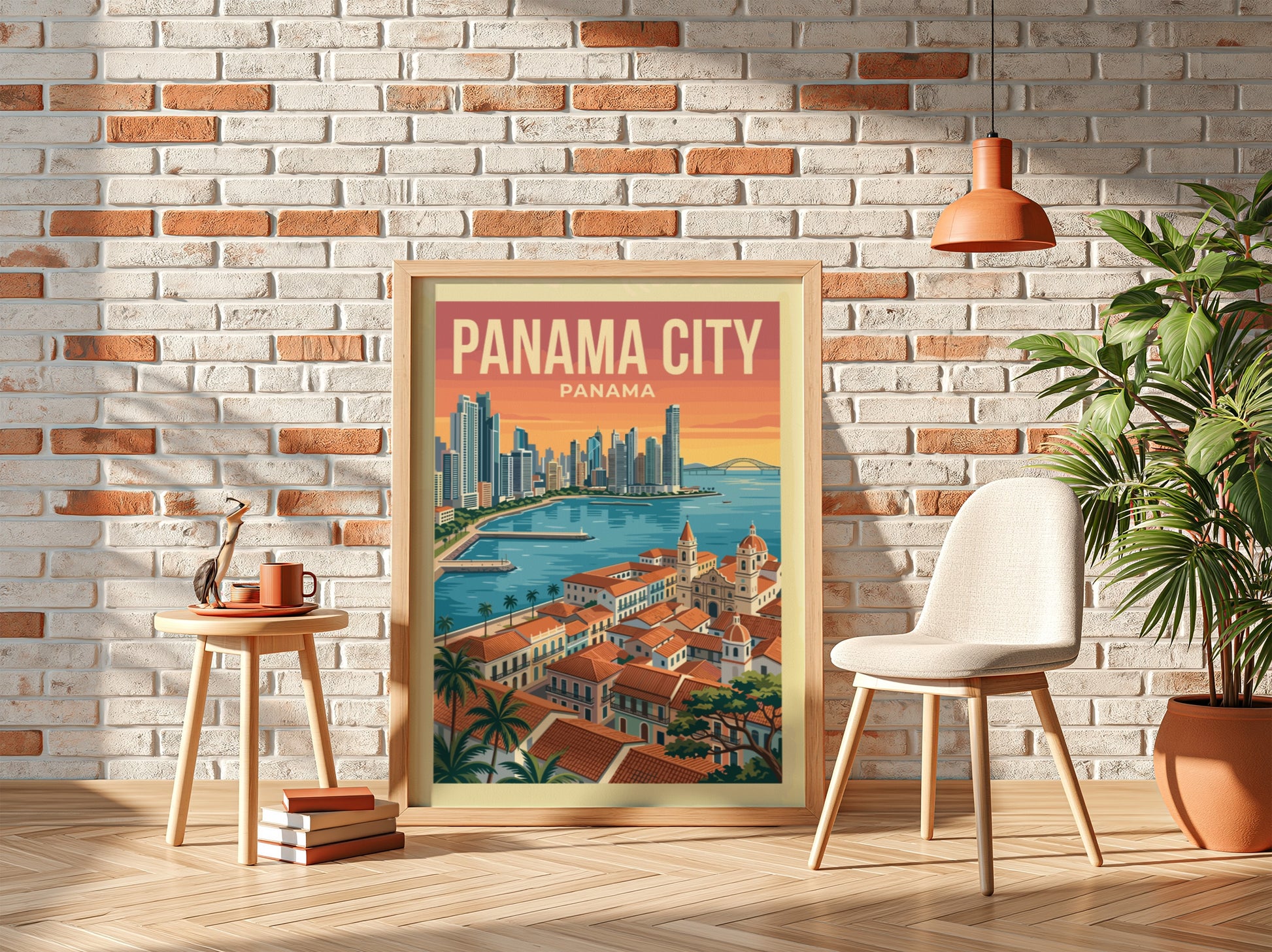Vintage Panama City travel poster featuring skyline and colonial buildings, warm sunset colors.