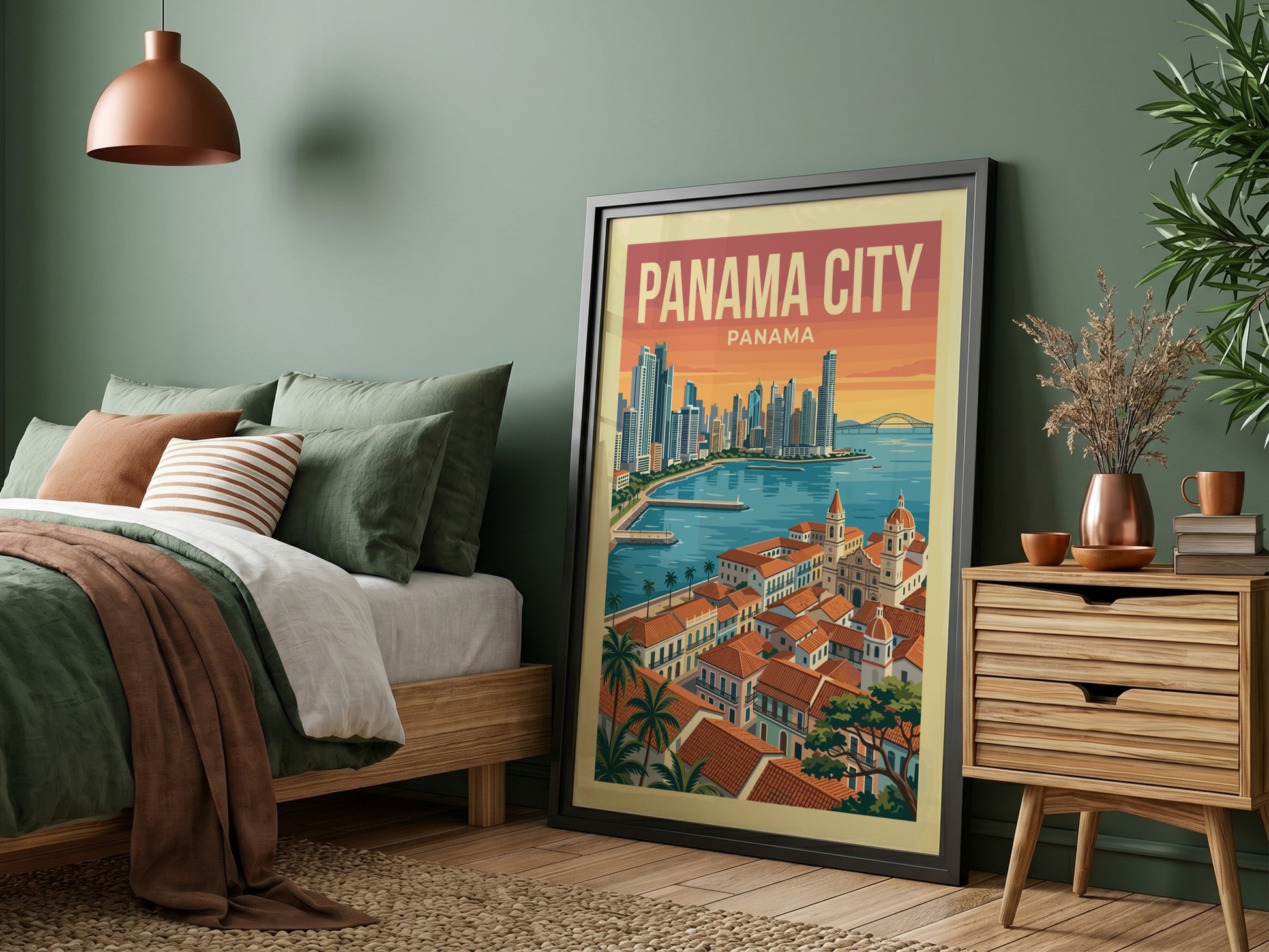 Vintage Panama City travel poster featuring skyline and colonial buildings, warm sunset colors.