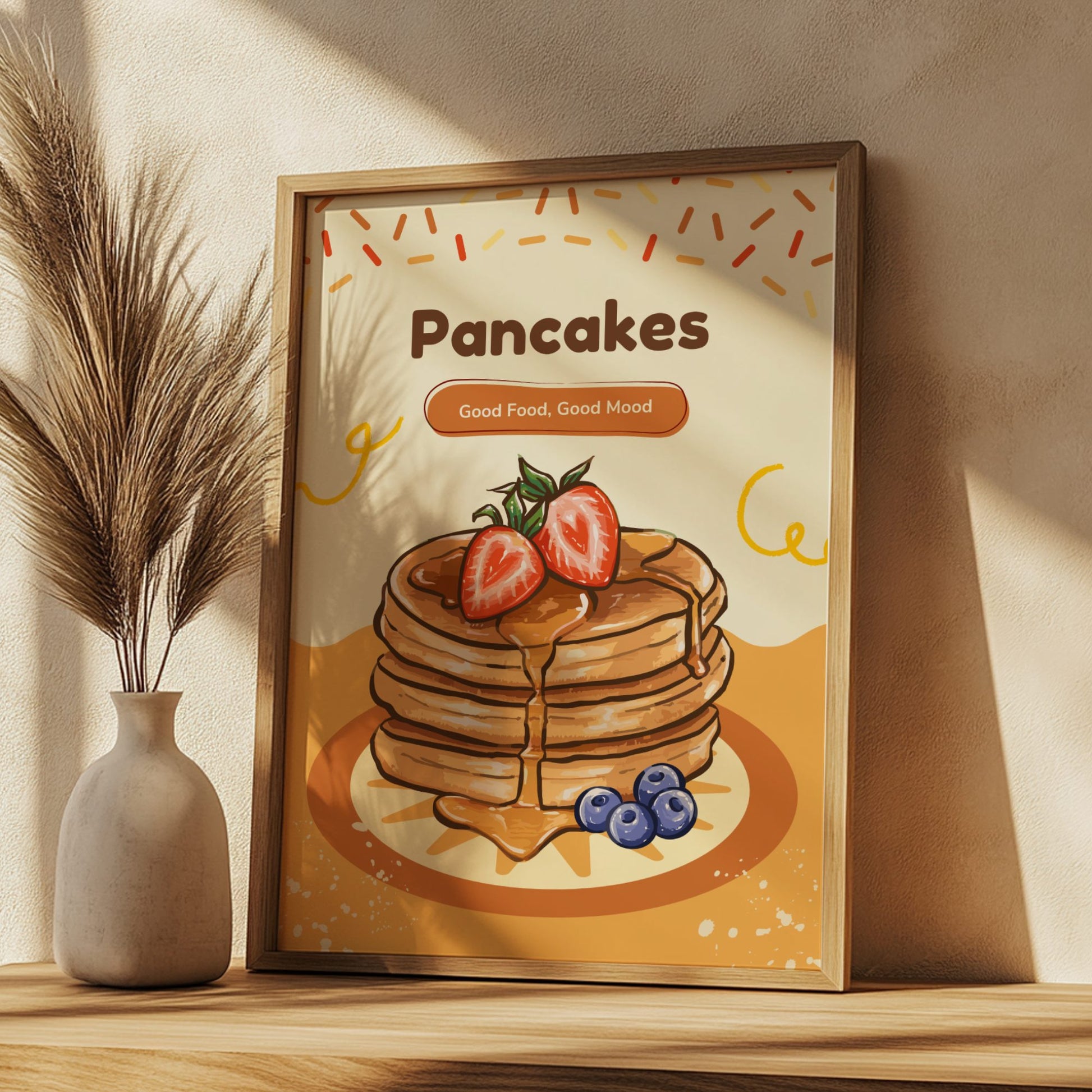 Framed artwork of pancakes with berries on a wooden shelf.