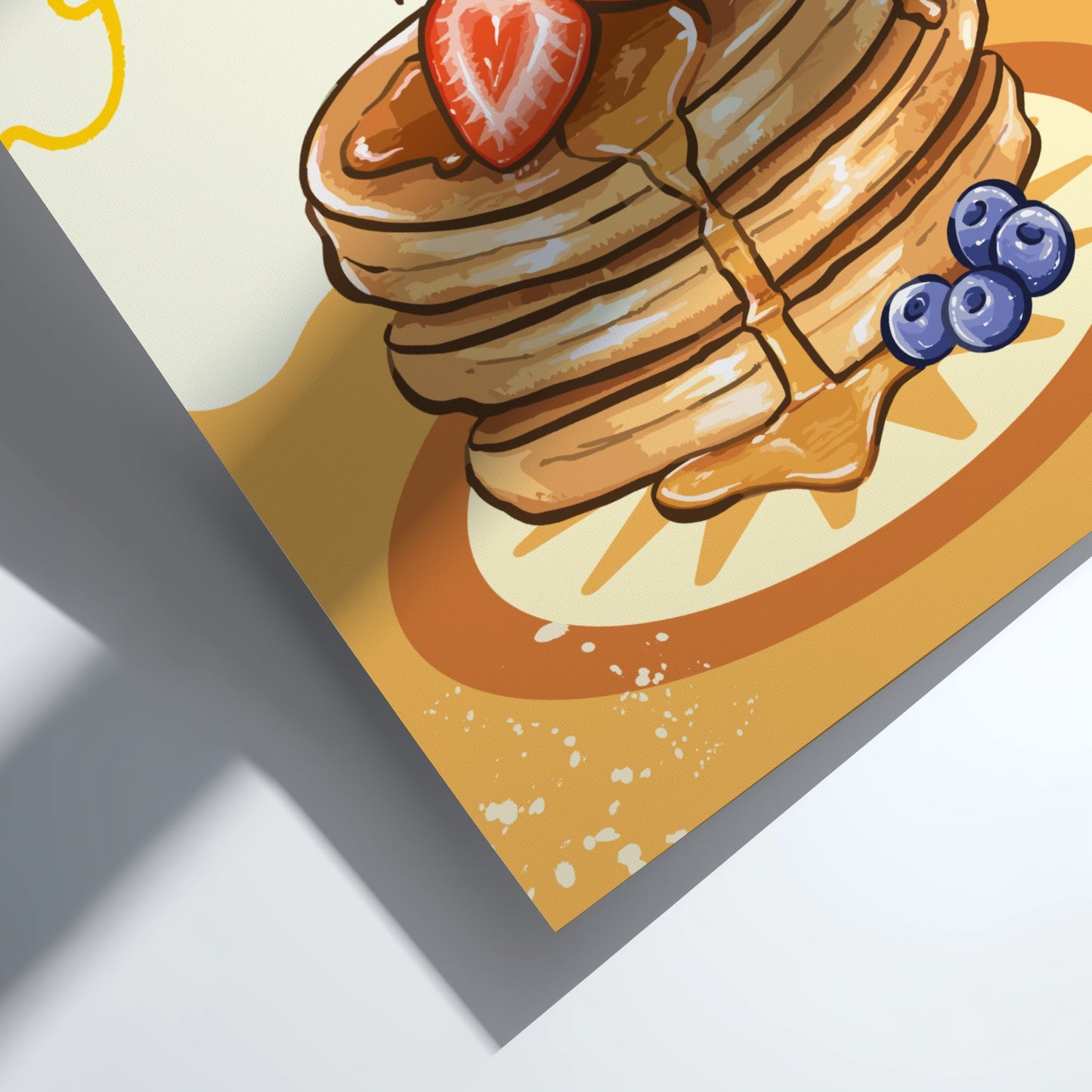 Illustration of a stack of pancakes with syrup and berries on a yellow background