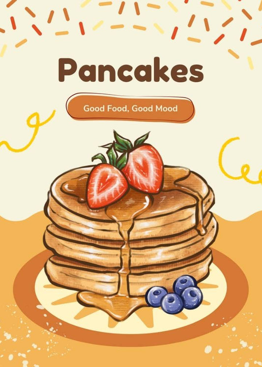 Illustration of pancakes with strawberries and syrup on a beige background with 'Pancakes' text.
