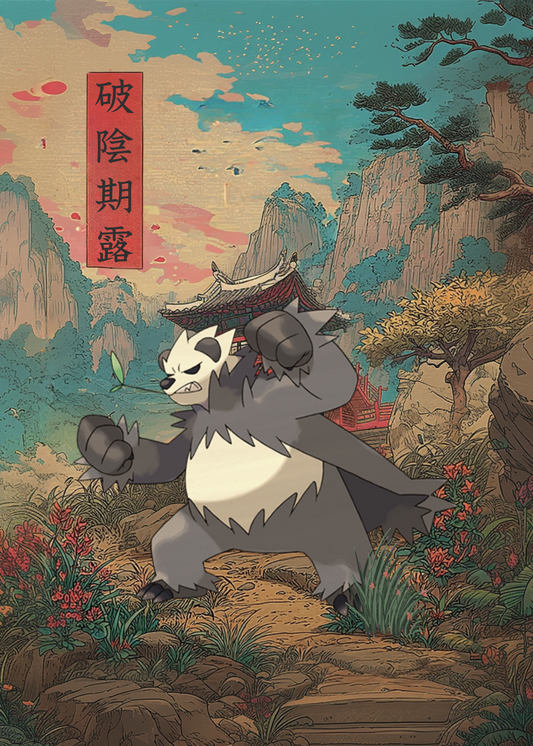 Pangoro Pokemon in a fantasy landscape with mountains and trees, holding a leaf.