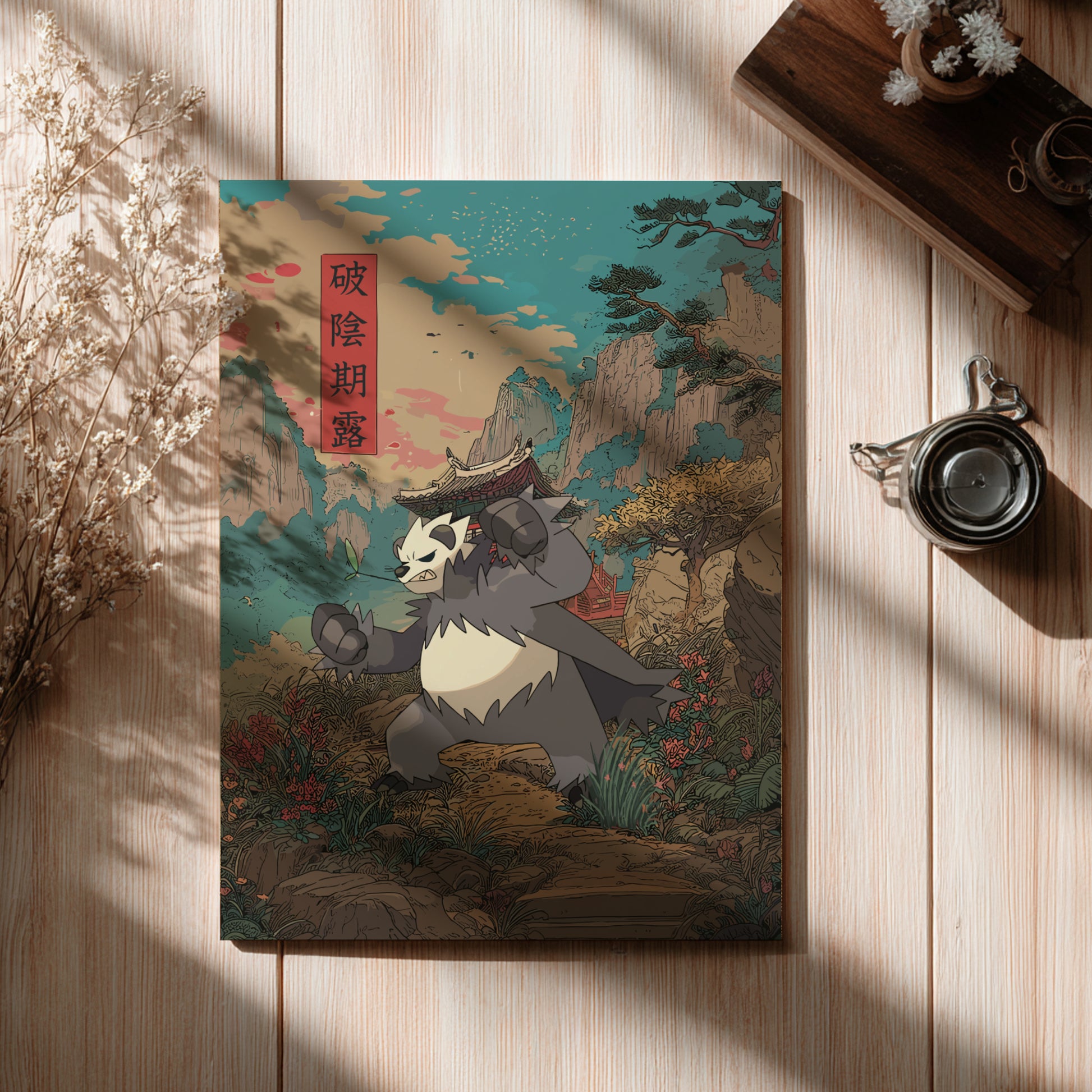 Poster with a Pangoro Pokemon illustration on a wooden surface