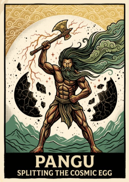 Poster featuring Pangu splitting the cosmic egg with an axe in vintage illustration style