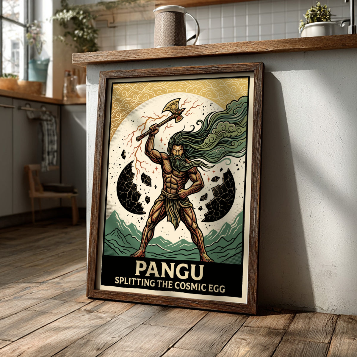 Poster featuring Pangu splitting the cosmic egg with an axe in vintage illustration style