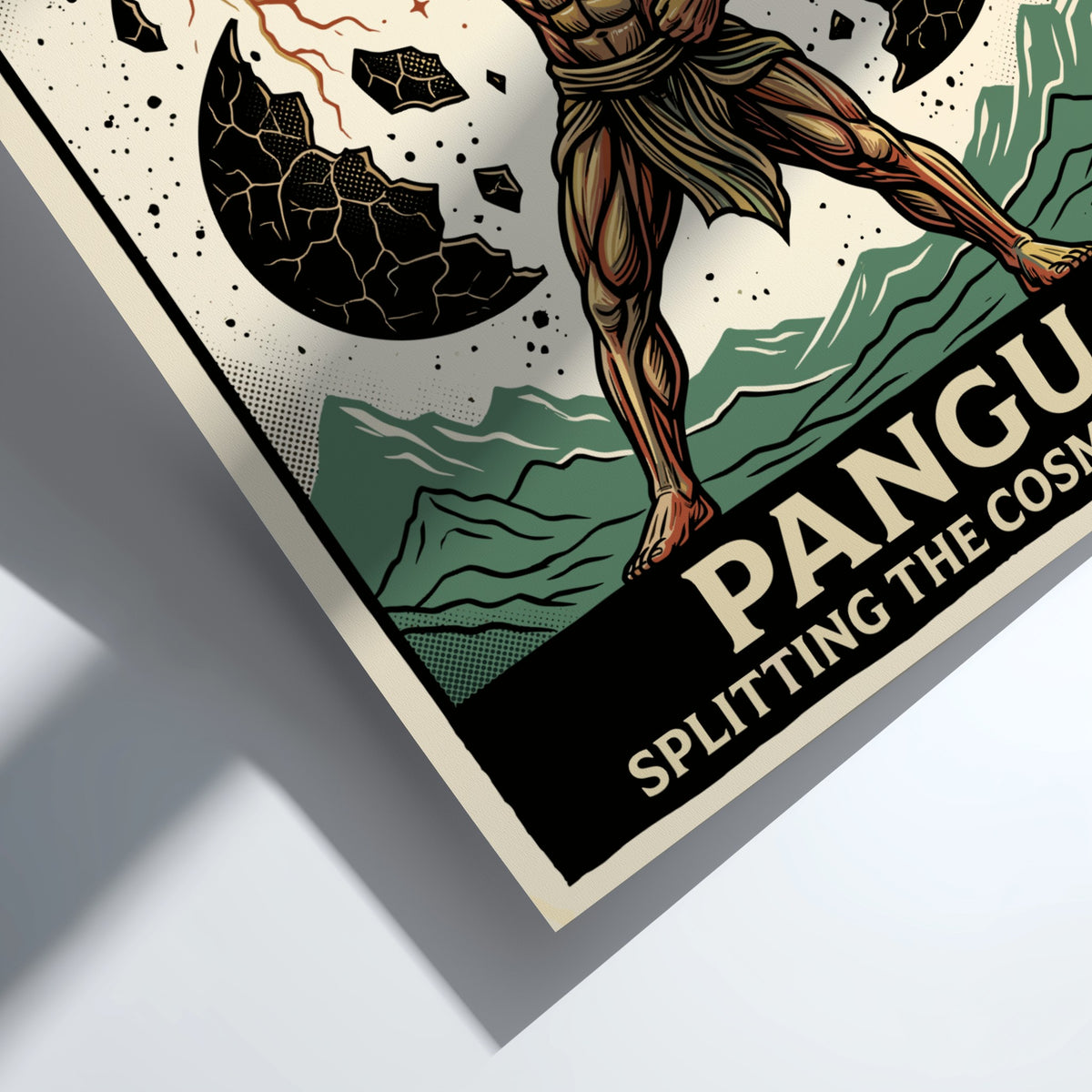 Poster featuring Pangu splitting the cosmic egg with an axe in vintage illustration style