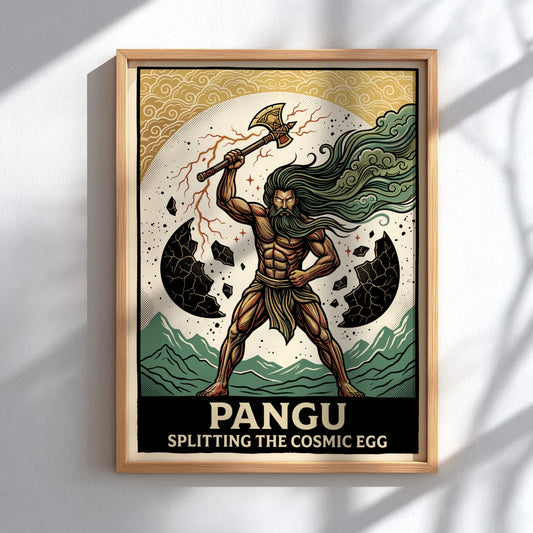 Poster featuring Pangu splitting the cosmic egg with an axe in vintage illustration style