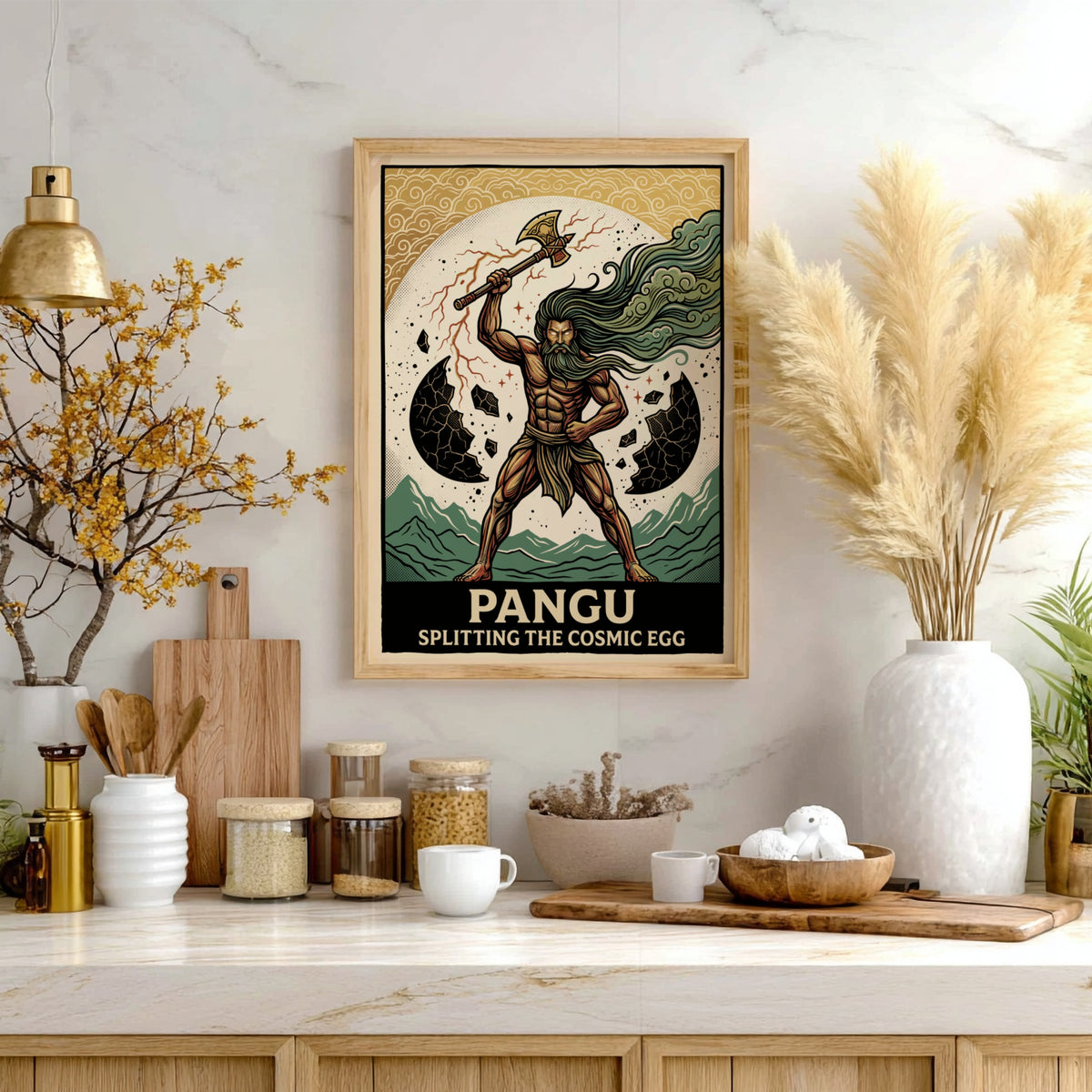Poster featuring Pangu splitting the cosmic egg with an axe in vintage illustration style