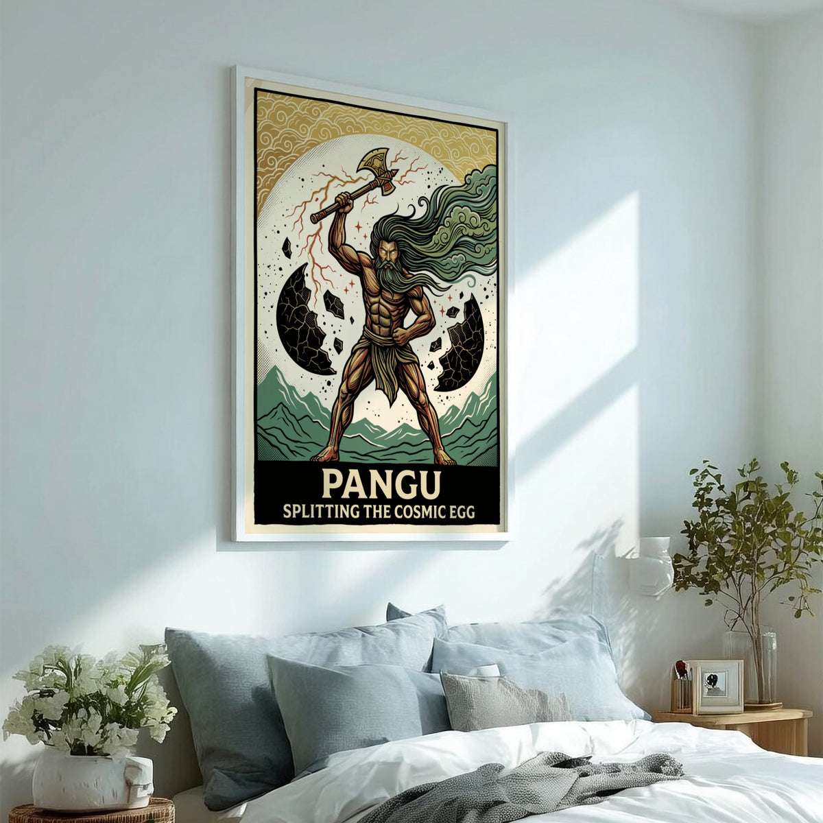 Poster featuring Pangu splitting the cosmic egg with an axe in vintage illustration style
