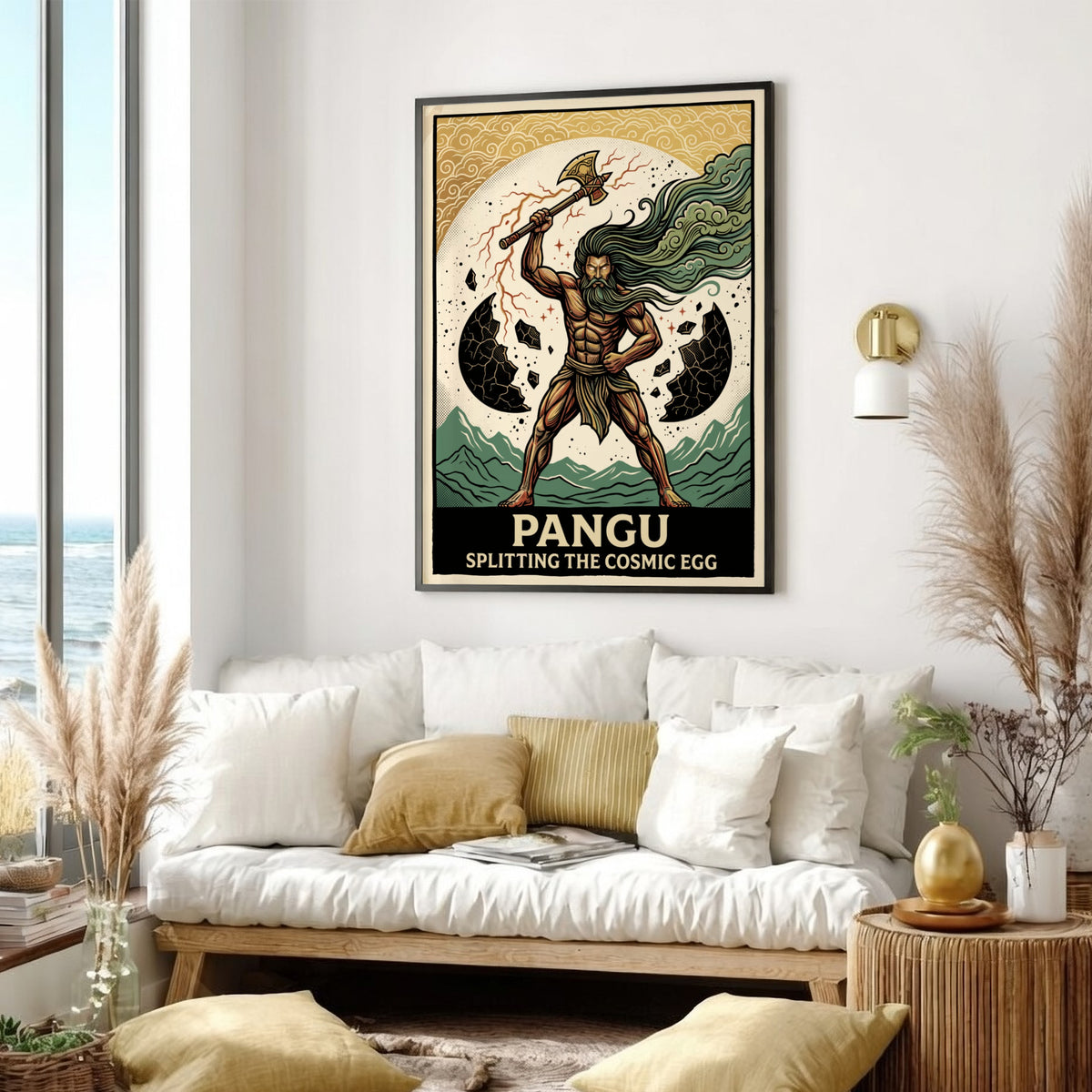 Poster featuring Pangu splitting the cosmic egg with an axe in vintage illustration style