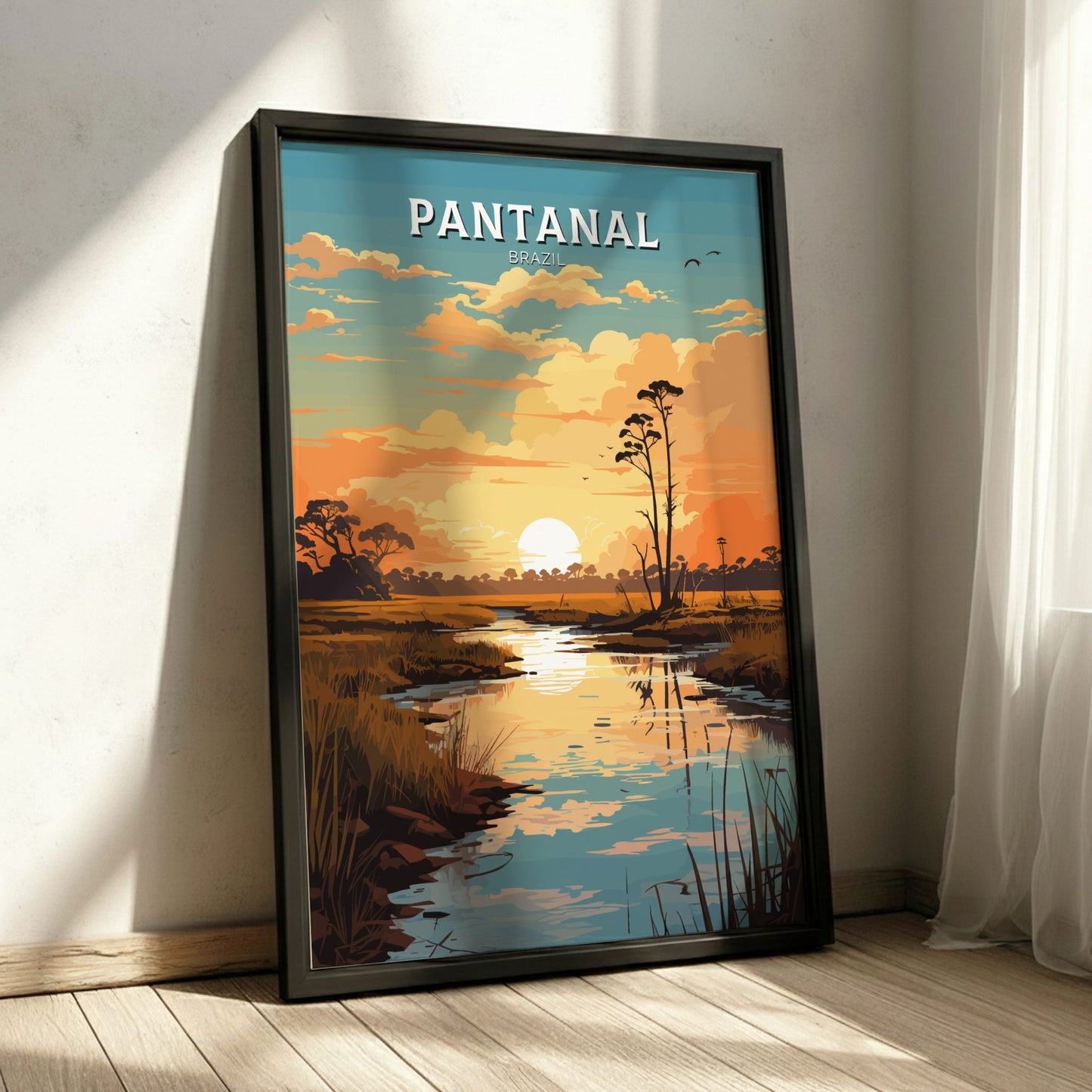 Pantanal Brazil Travel Poster on a black wooden frame