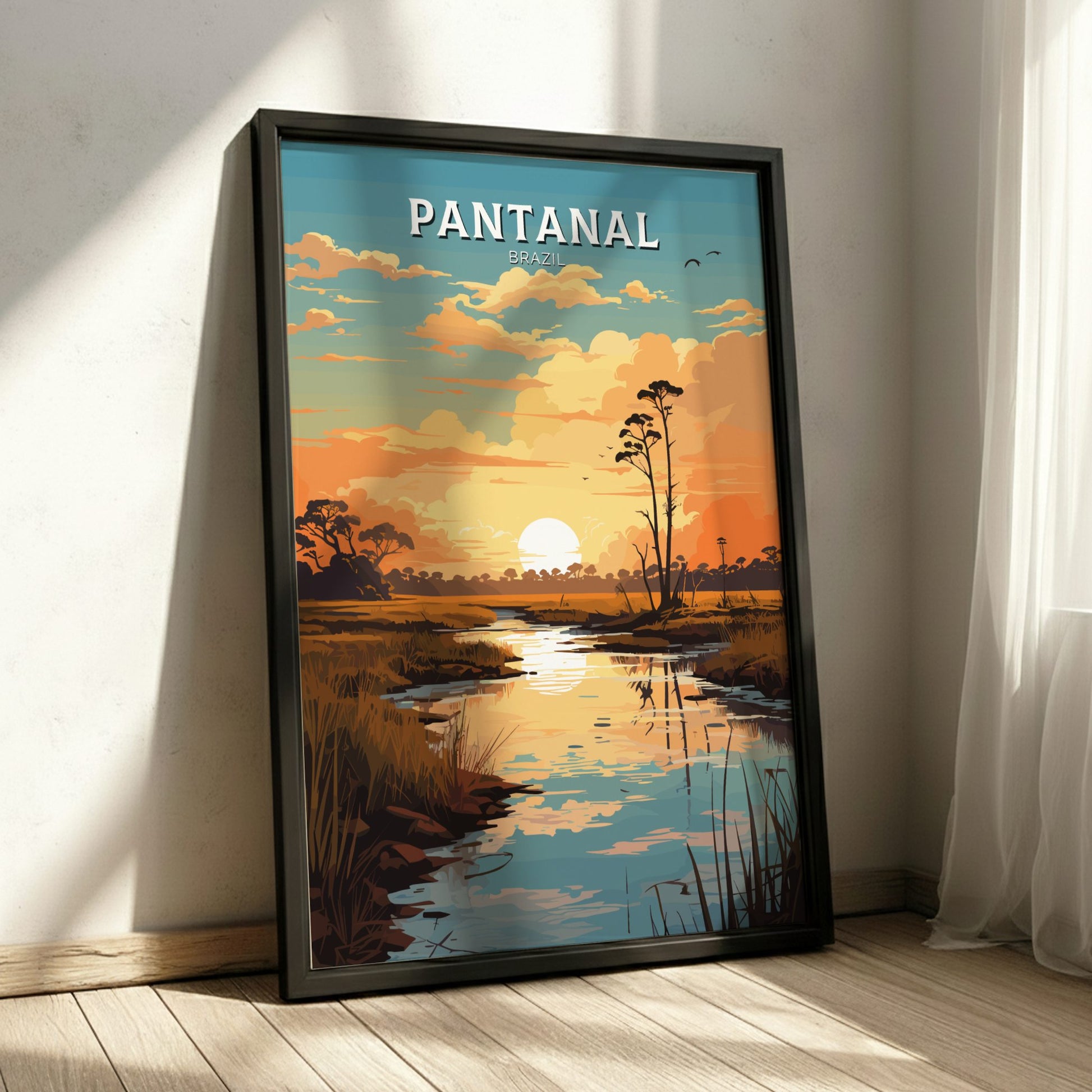 Pantanal Brazil Travel Poster on a black wooden frame