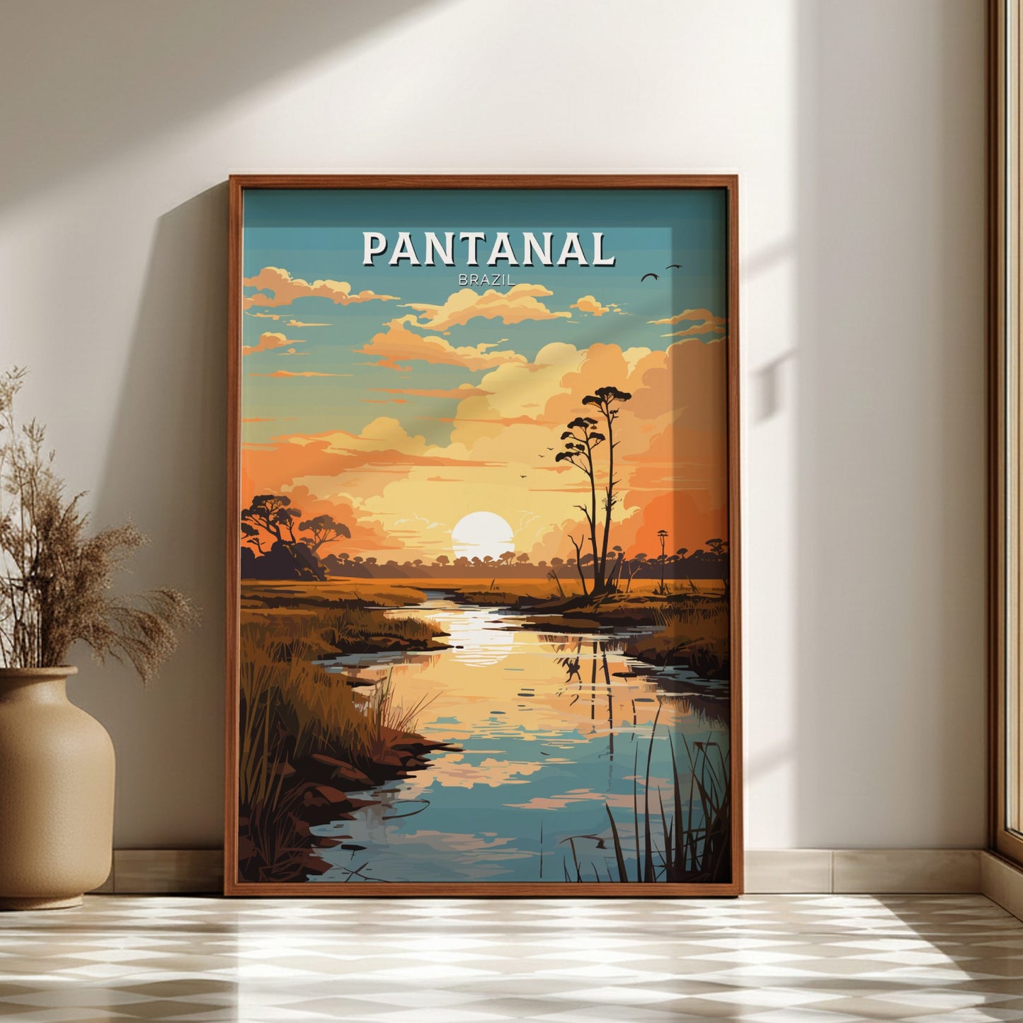 Pantanal Brazil Travel Poster on a dark wooden frame
