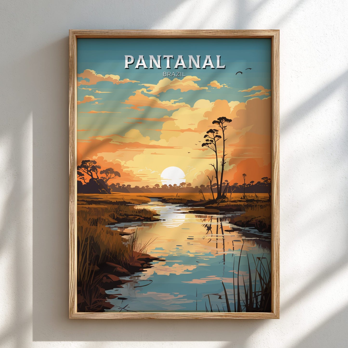 Pantanal Brazil Travel Poster on a wooden frame