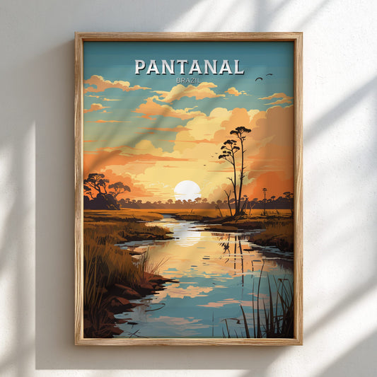 Pantanal Brazil Travel Poster on a wooden frame