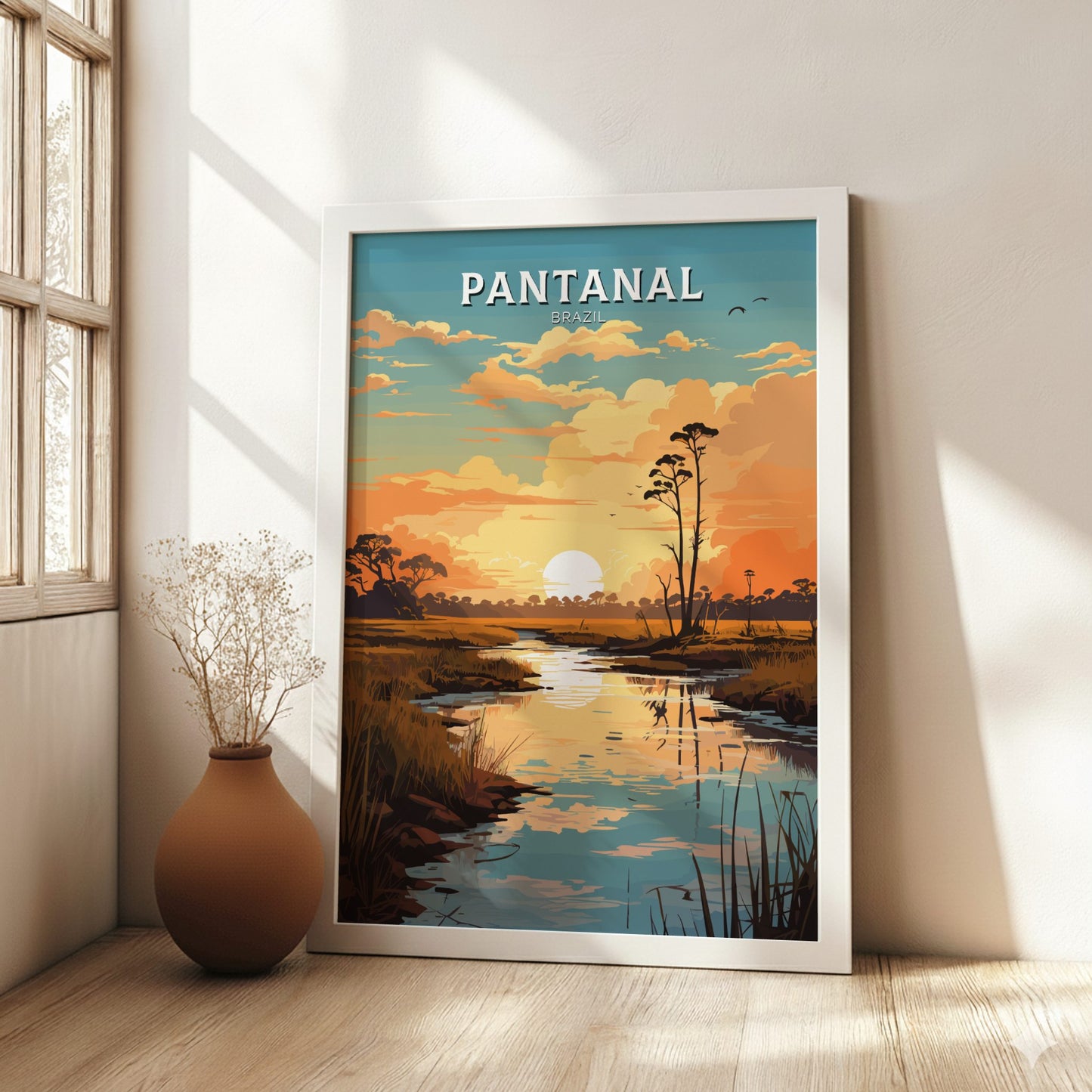 Pantanal Brazil Travel Poster on a white wooden frame