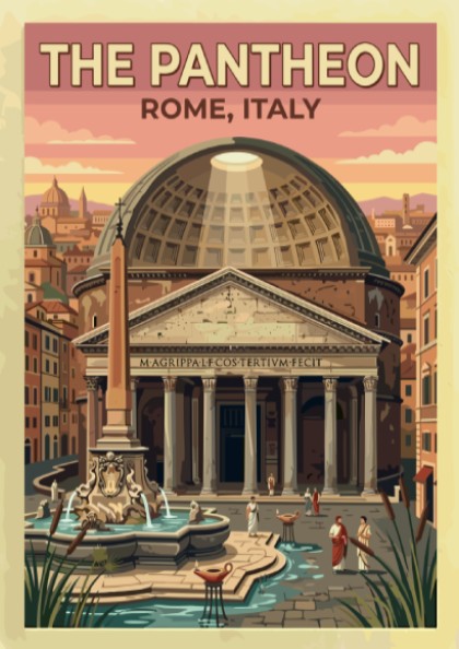 Pantheon Rome travel poster featuring vintage style, warm tones, and classic architecture