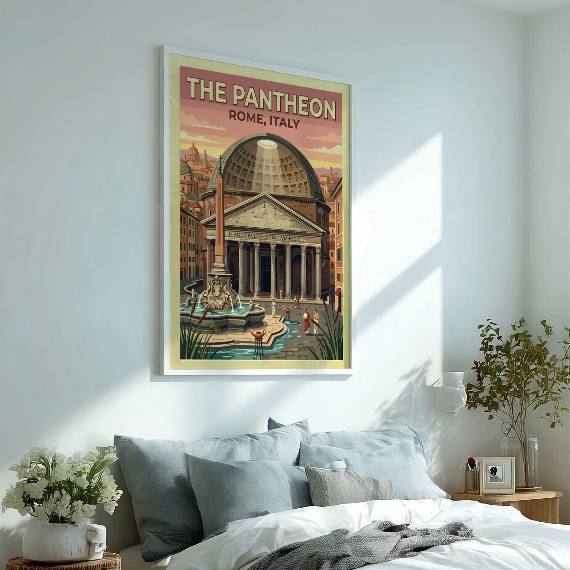 Pantheon Rome travel poster featuring vintage style, warm tones, and classic architecture
