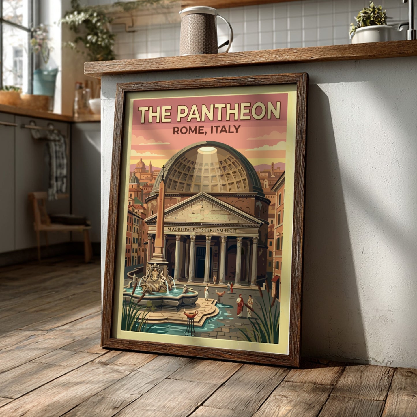 Pantheon Rome travel poster featuring vintage style, warm tones, and classic architecture